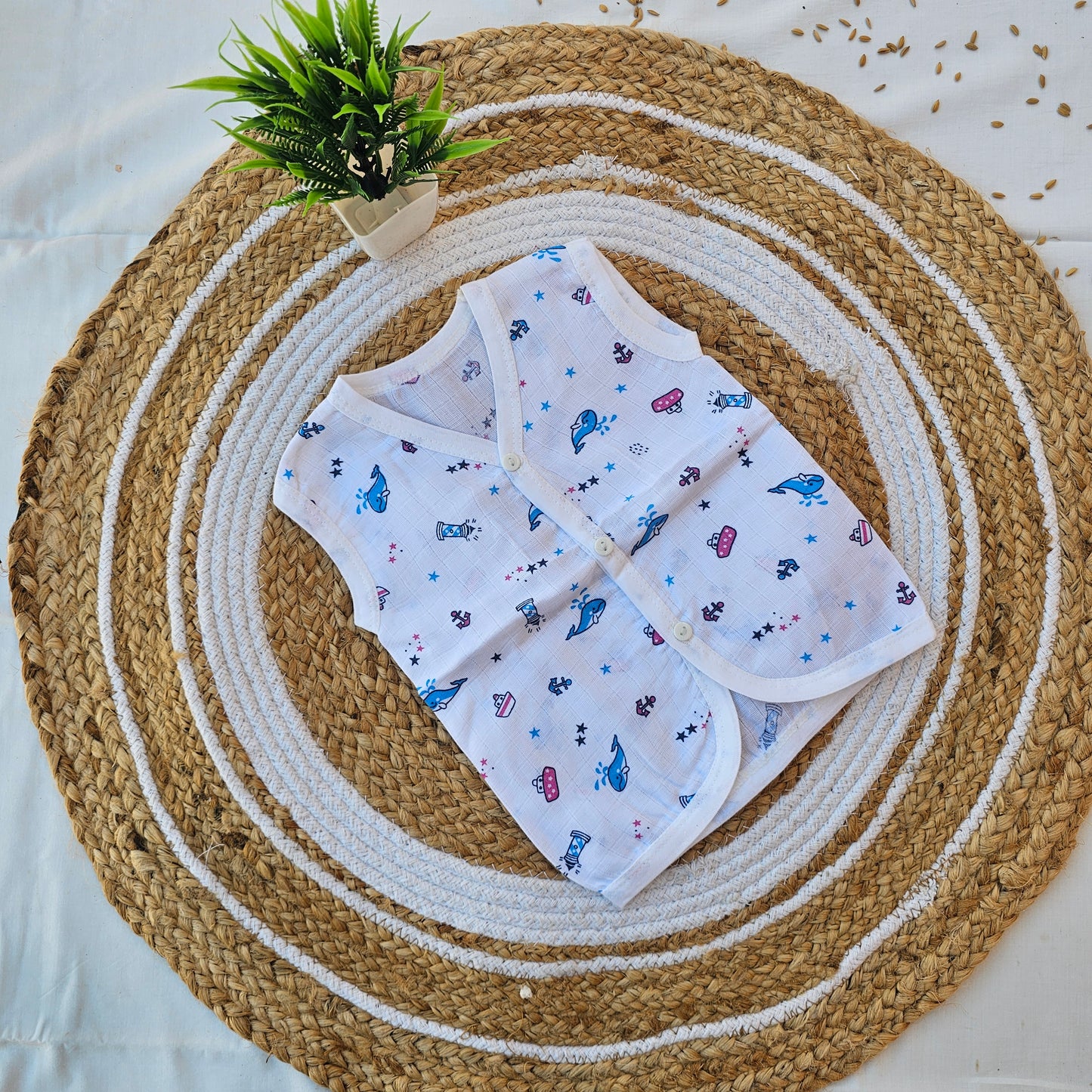 Sleeveless Muslin Jablas with Front Buttons (0-3 Months) โ Soft & Breathable Baby Wear
