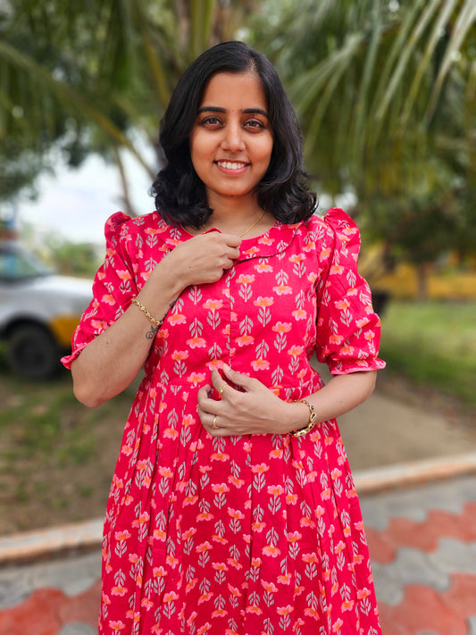 Bright Red Peter pan colar (Center zip) - Feeding Kurti with Zip