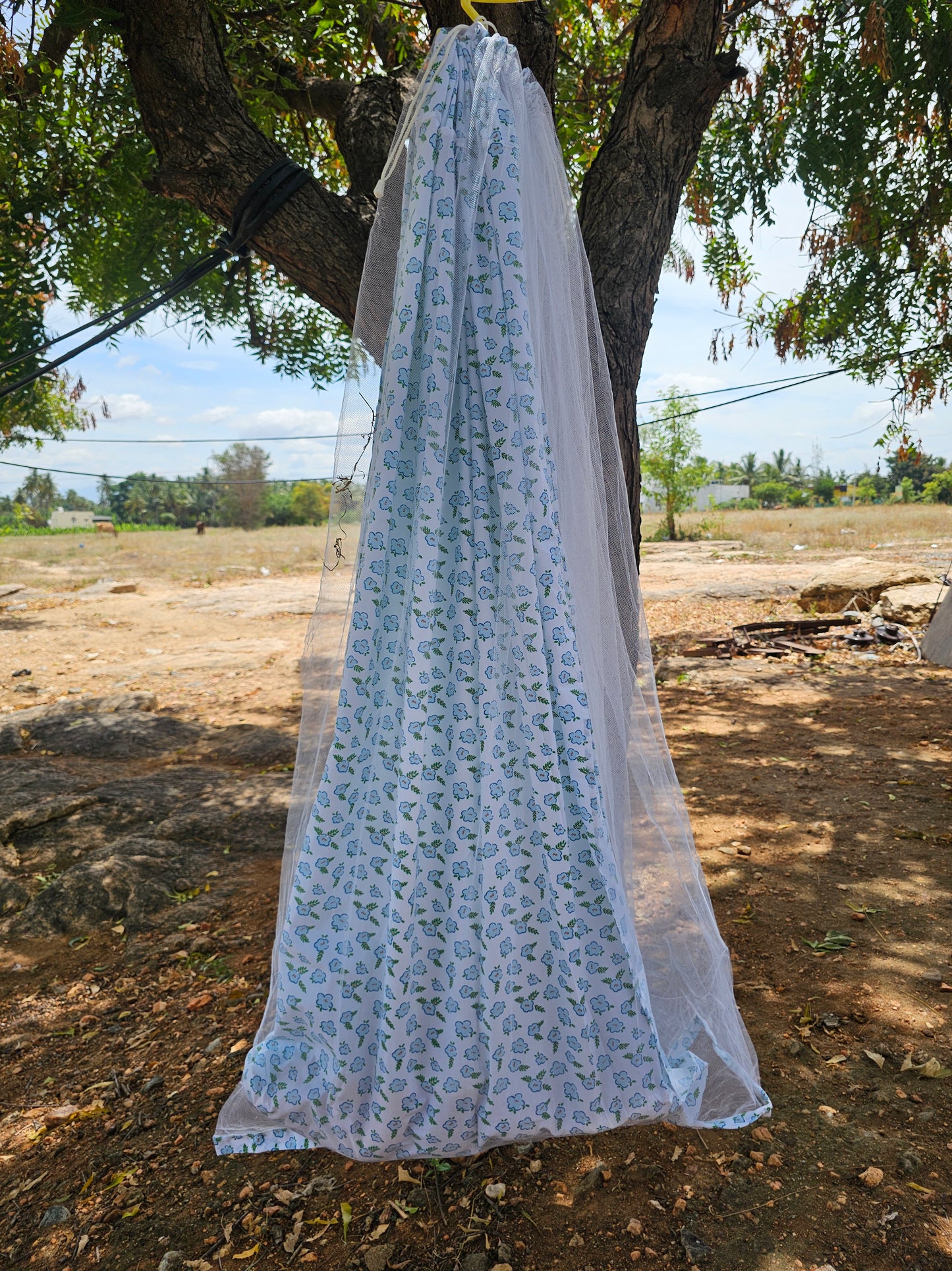 Pure Cotton Sleep Safe Thottil with Net - Green Blue Flowers and Leaves