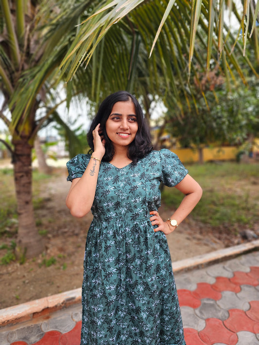 Green Flowers Feeding Kurti with Zip Cotton