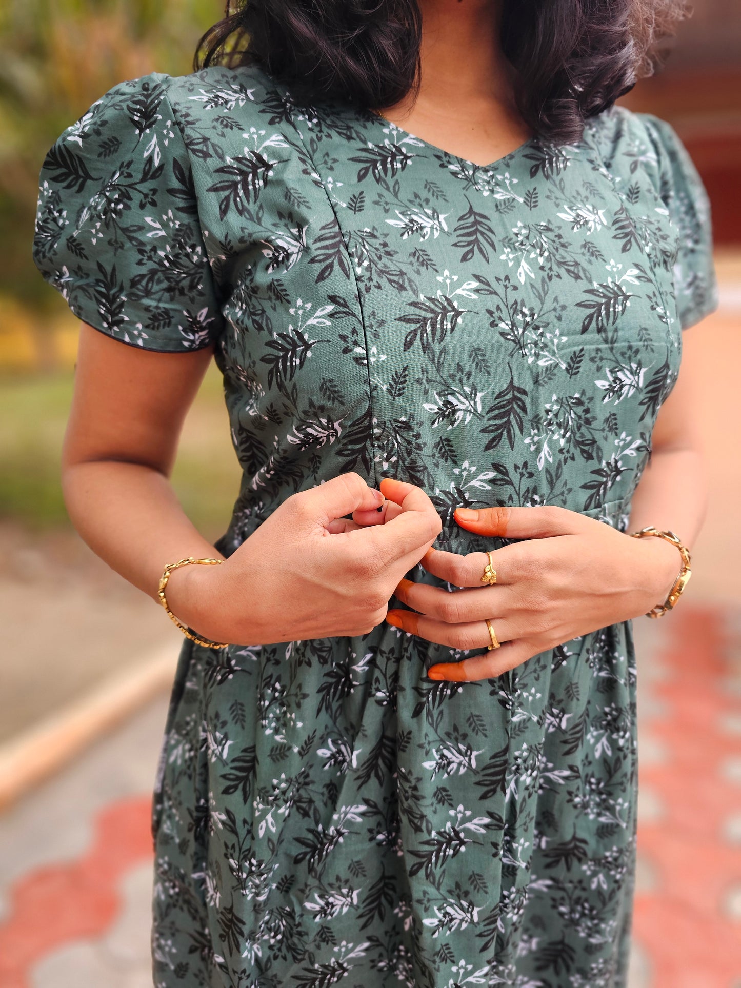 Green Flowers Feeding Kurti with Zip Cotton