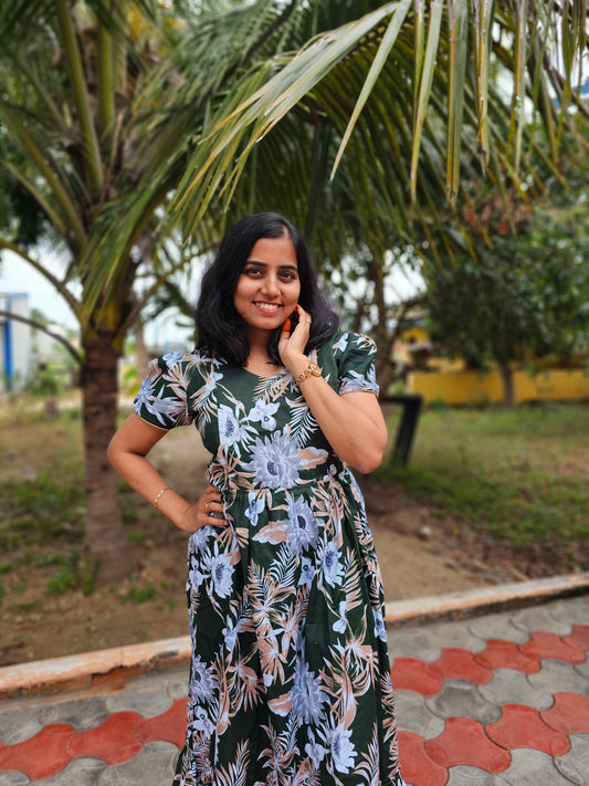 Green Flowers Feeding Kurti with Zip Cotton