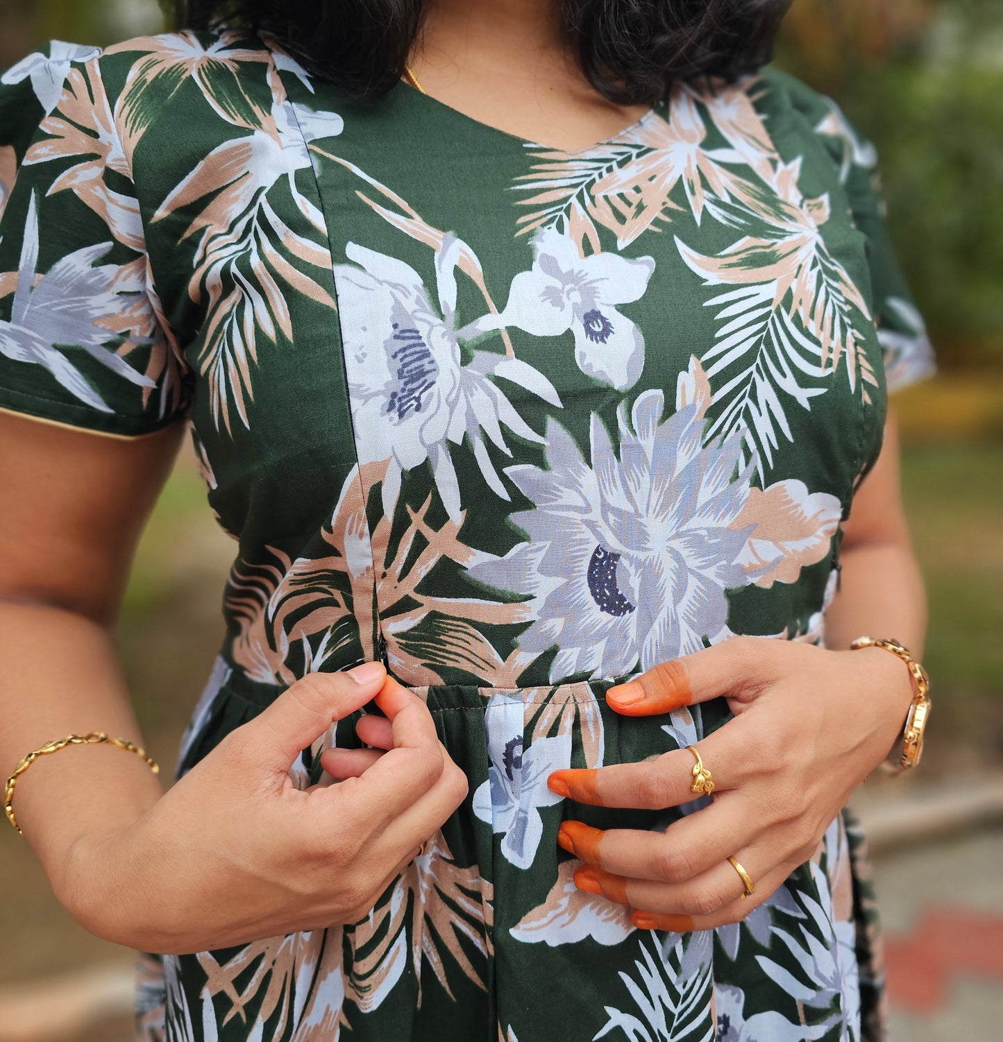 Green Flowers Feeding Kurti with Zip Cotton