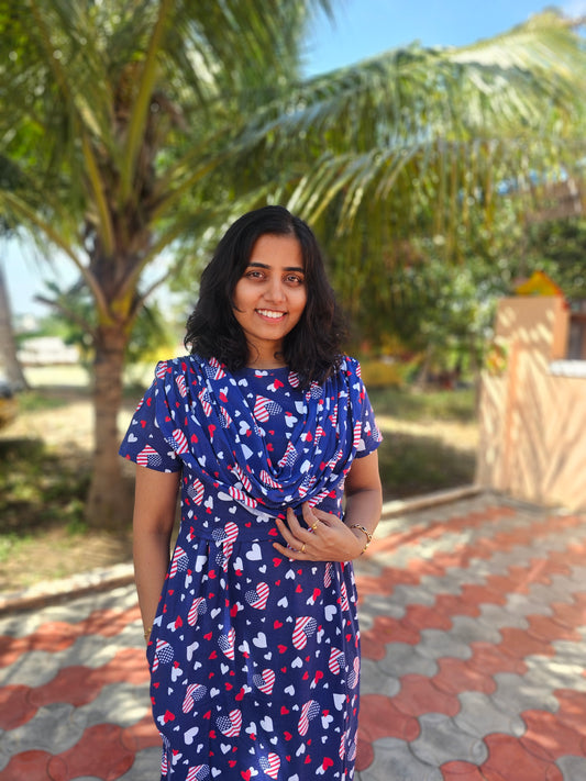 Blue and Red Heart - Dupatta Style Feeding Lounge Wear without Zip