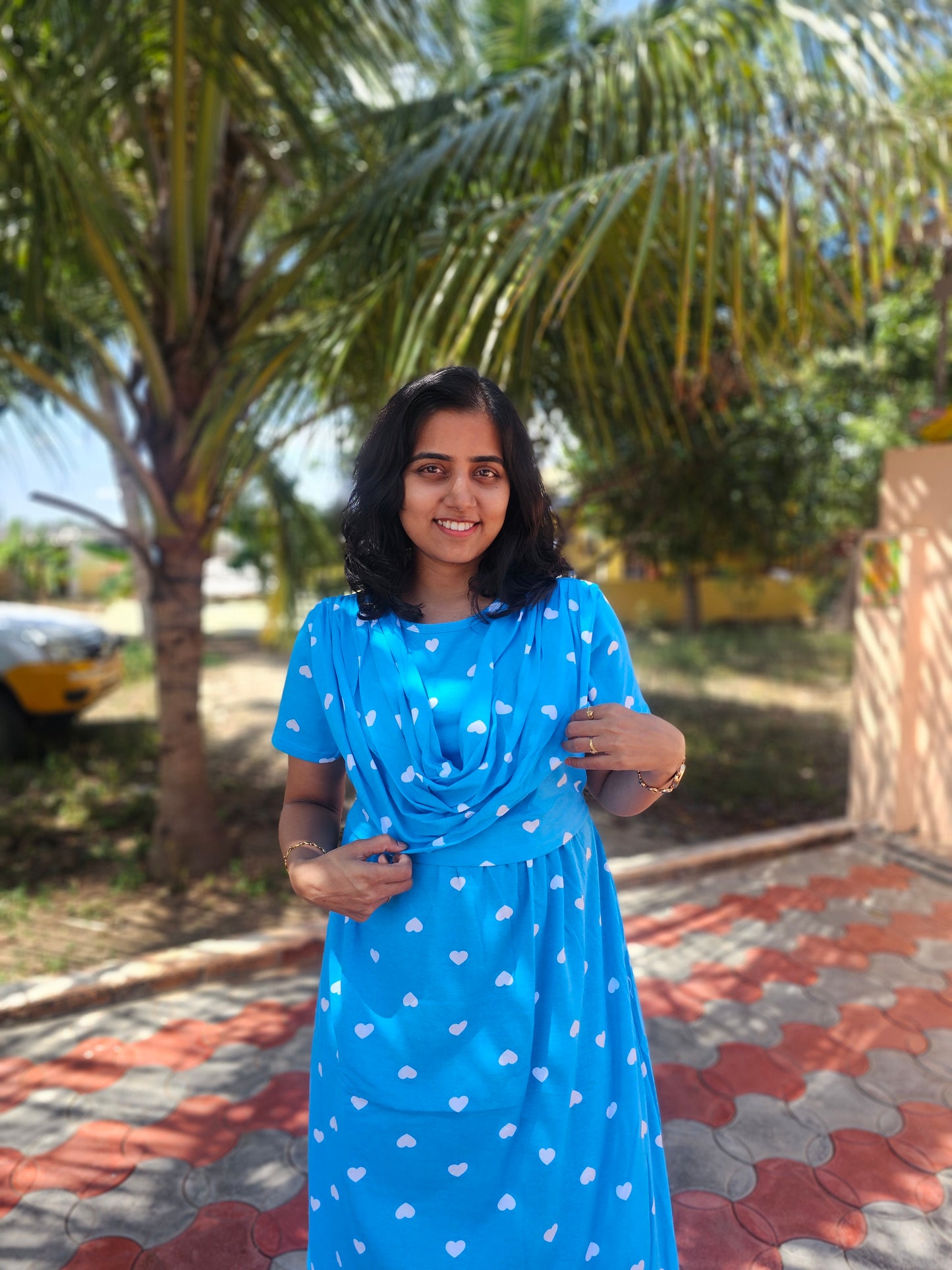 Blue and White Heart - Dupatta Style Feeding Lounge Wear without Zip