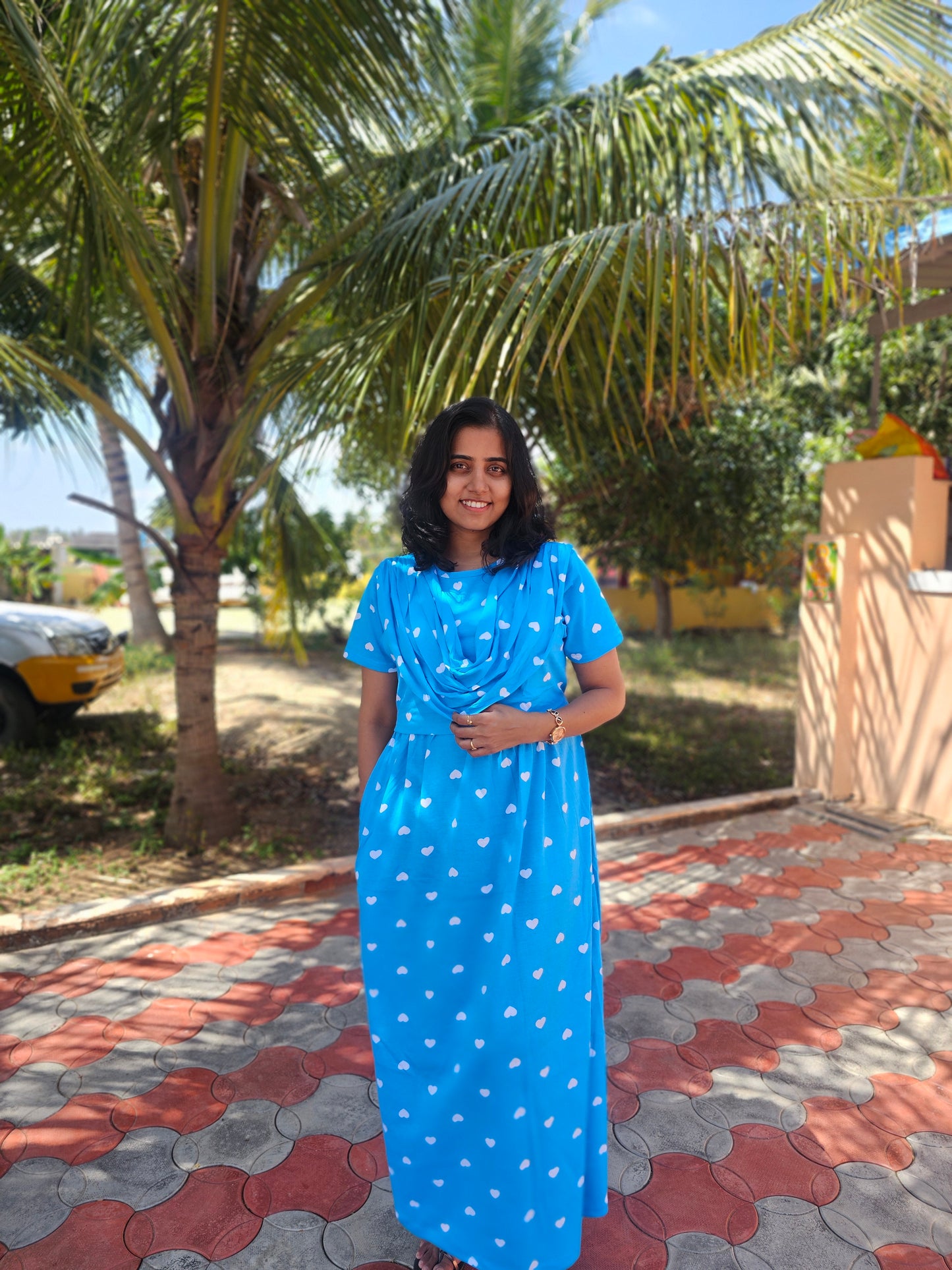 Blue and White Heart - Dupatta Style Feeding Lounge Wear without Zip