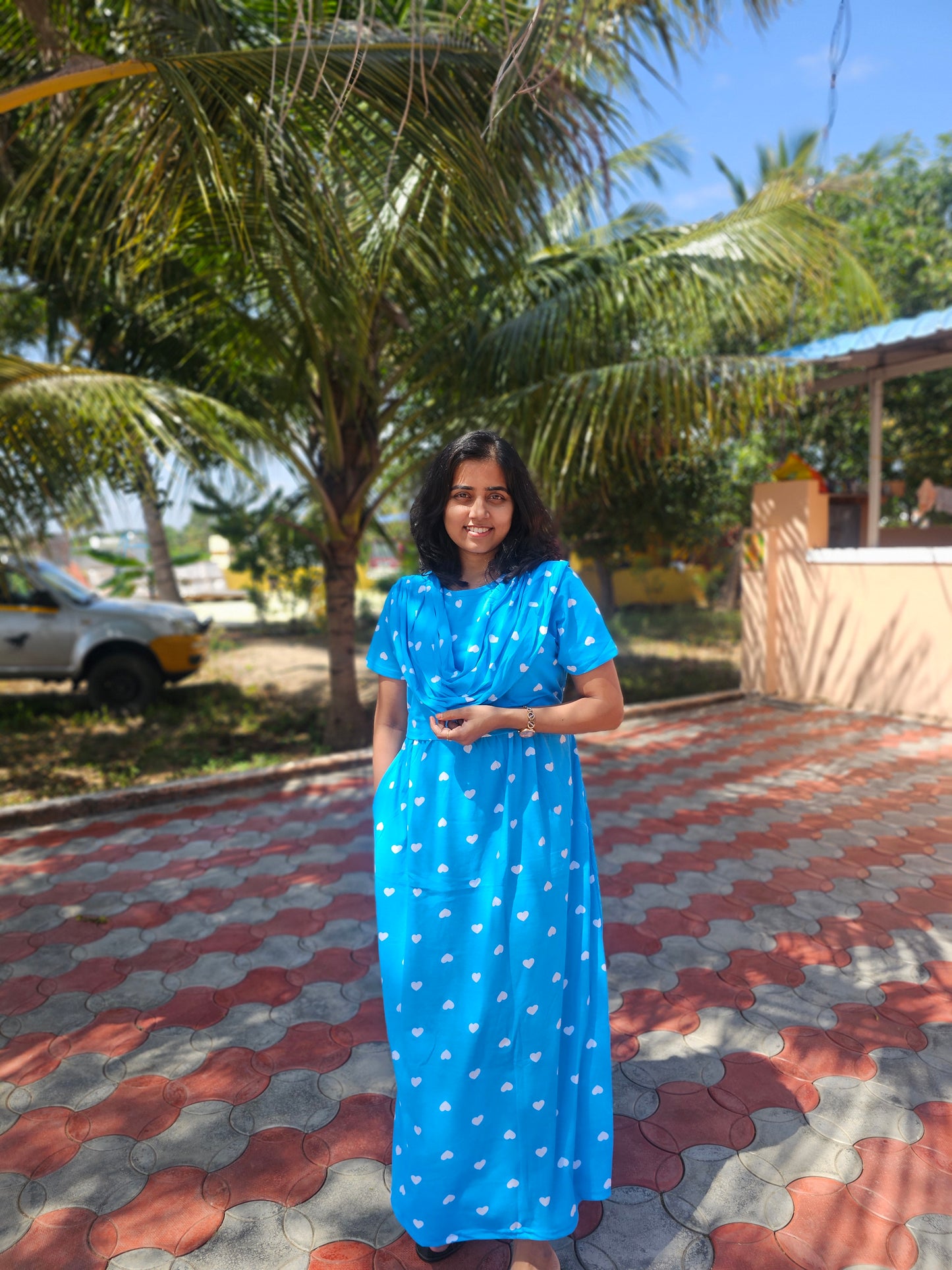 Blue and White Heart - Dupatta Style Feeding Lounge Wear without Zip