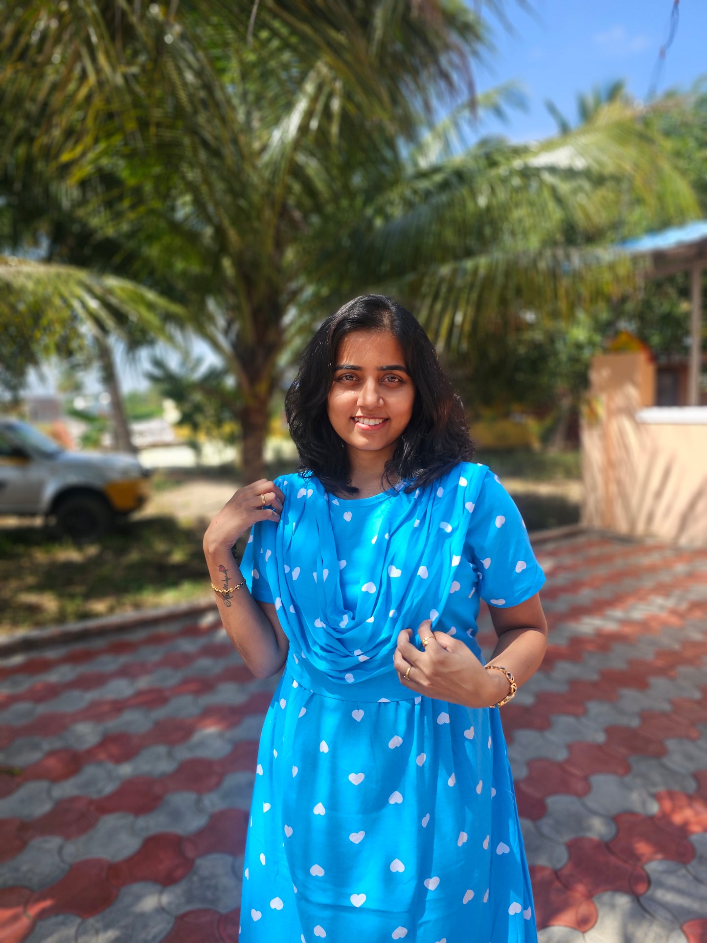 Blue and White Heart - Dupatta Style Feeding Lounge Wear without Zip