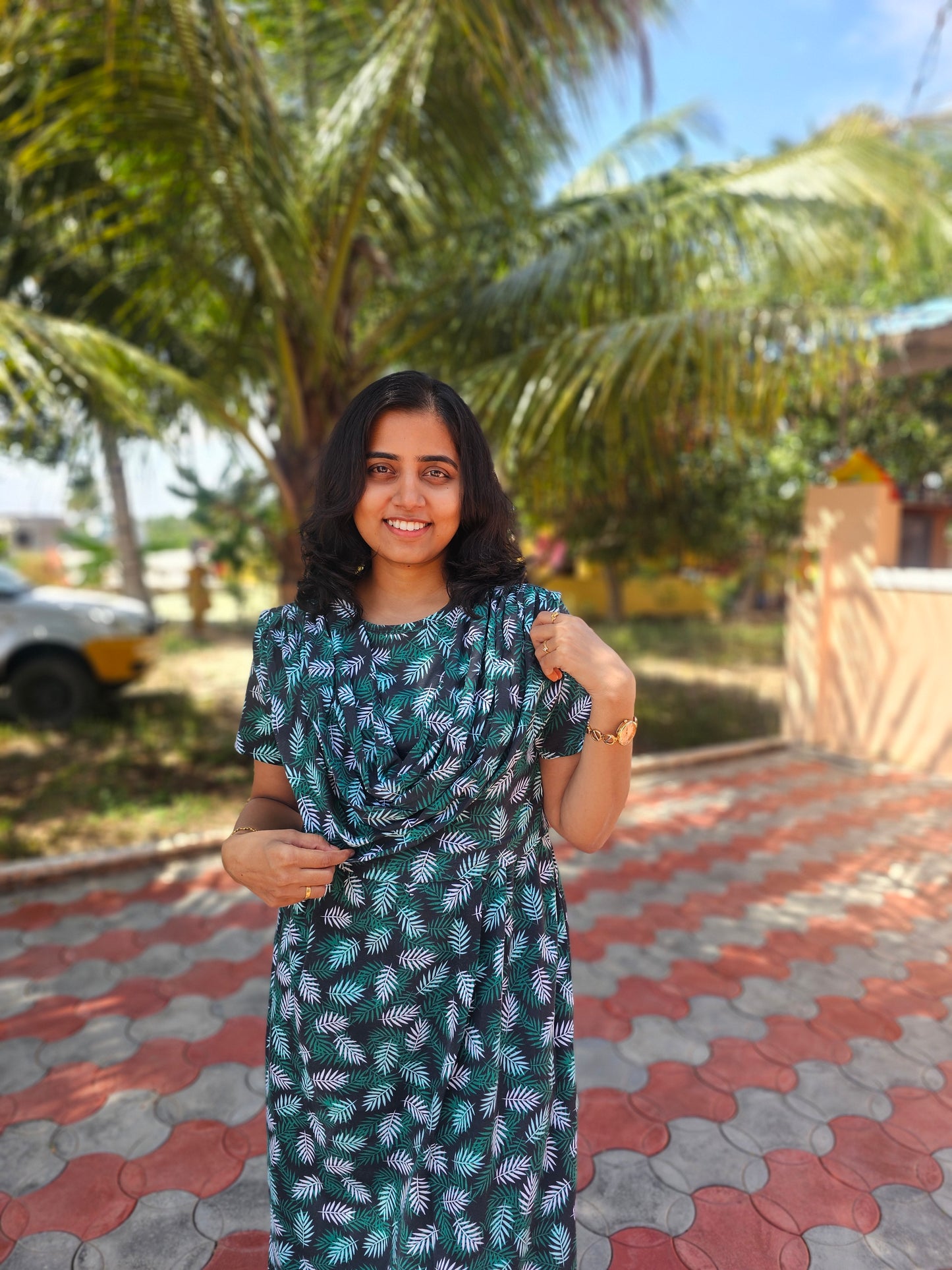 Green and White Leaves - Dupatta Style Feeding Lounge Wear without Zip