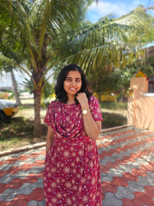 Red Flowers - Dupatta Style Feeding Lounge Wear without Zip