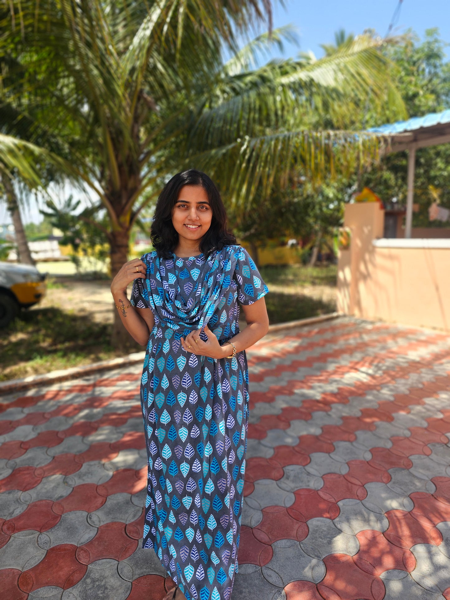 Grey and Green - Dupatta Style Feeding Lounge Wear without Zip