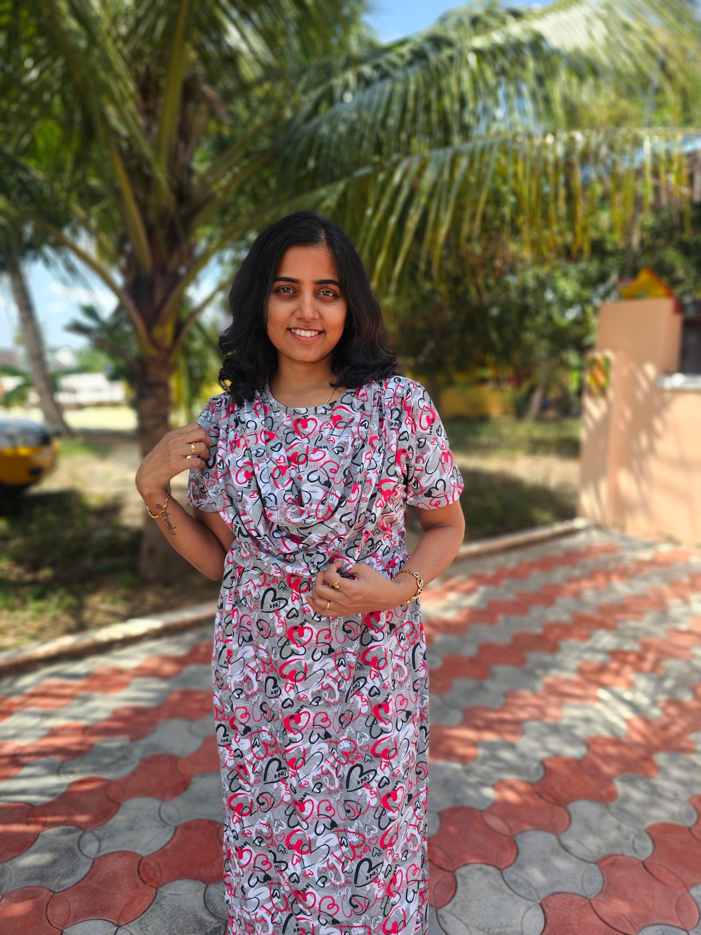 Grey and Red Heart - Dupatta Style Feeding Lounge Wear without Zip