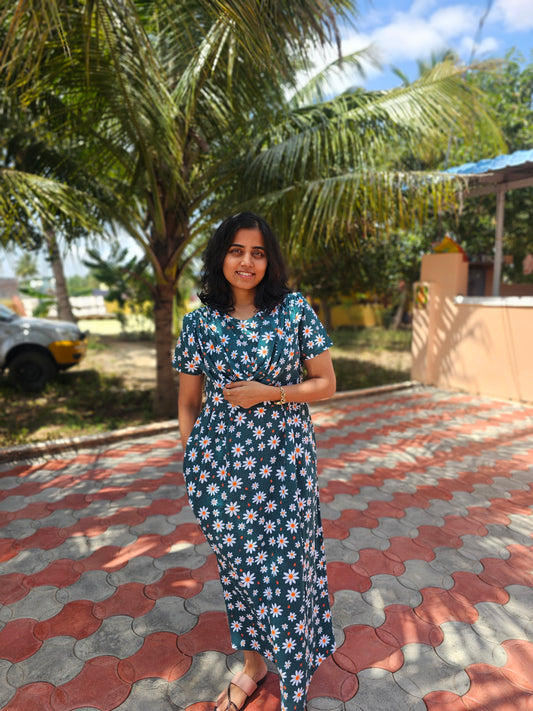 Green and White Flowers - Dupatta Style Feeding Lounge Wear without Zip