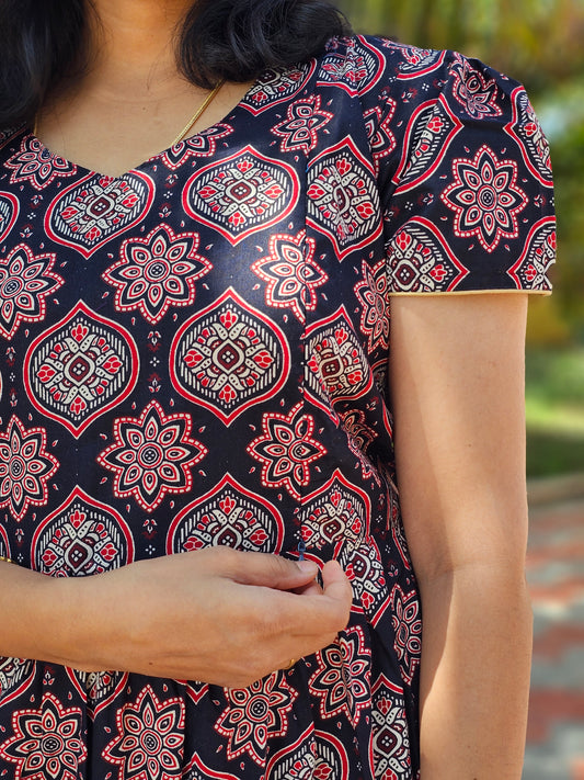 Red and Black Mandala Design Feeding Kurti with Zip Cotton