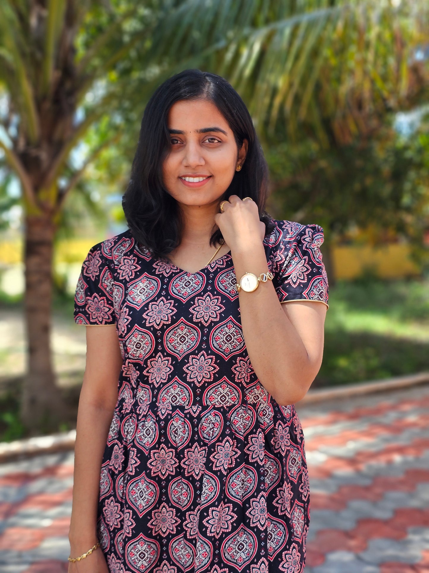 Red and Black Mandala Design Feeding Kurti with Zip Cotton