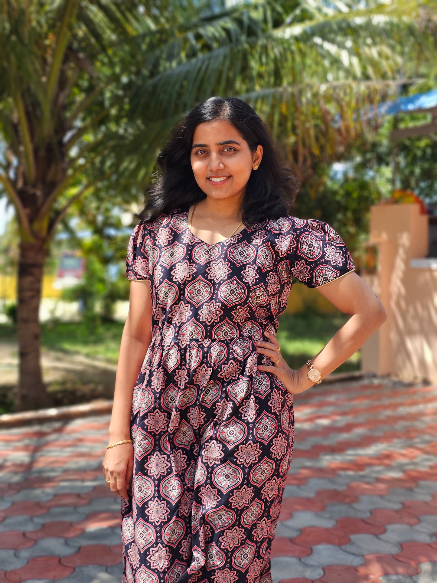 Red and Black Mandala Design Feeding Kurti with Zip Cotton