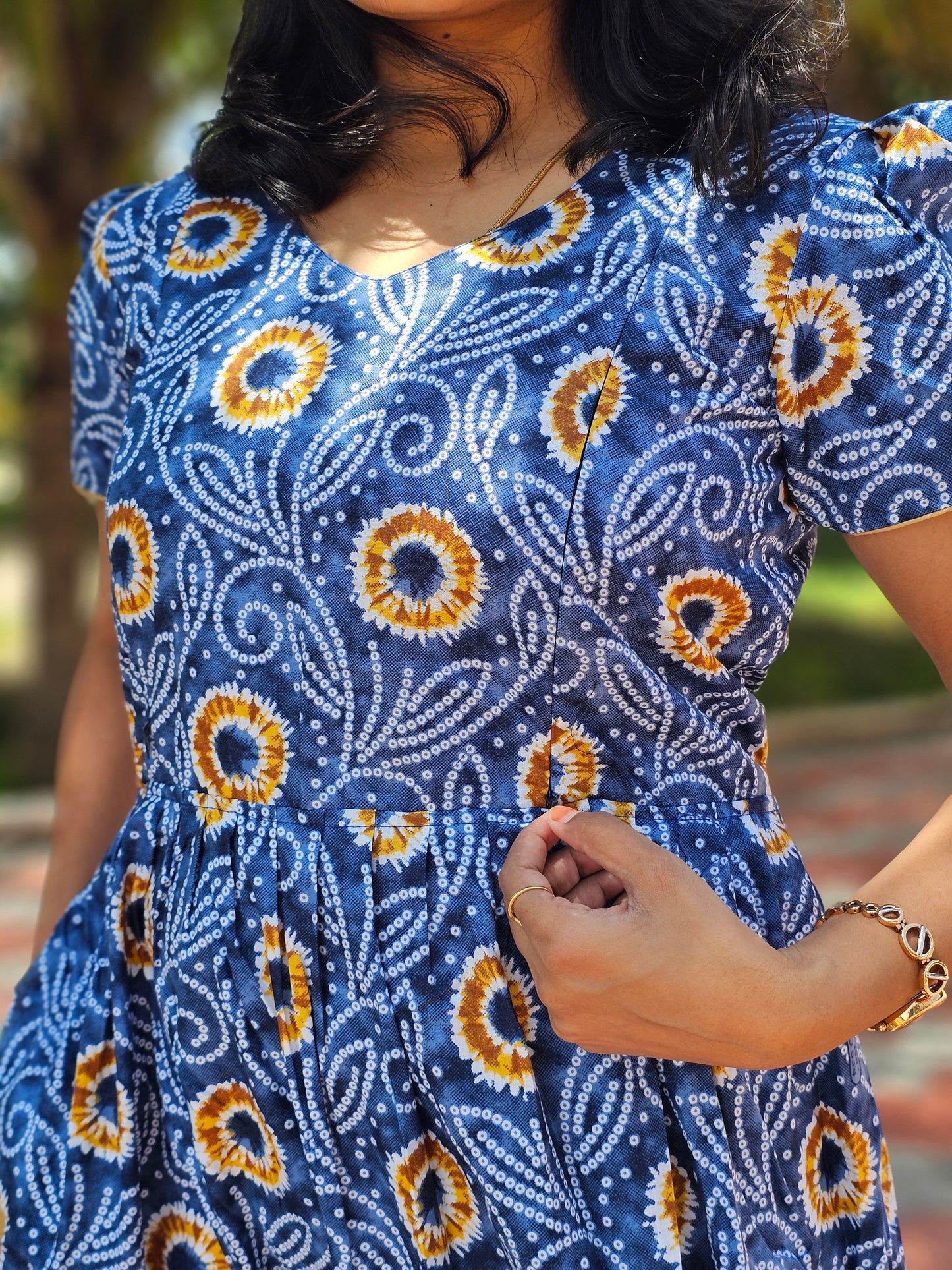 Blue Dotted Flowers Feeding Kurti with Zip Cotton