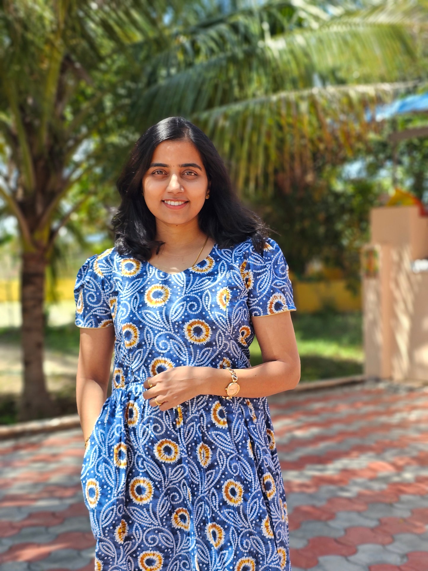 Blue Dotted Flowers Feeding Kurti with Zip Cotton