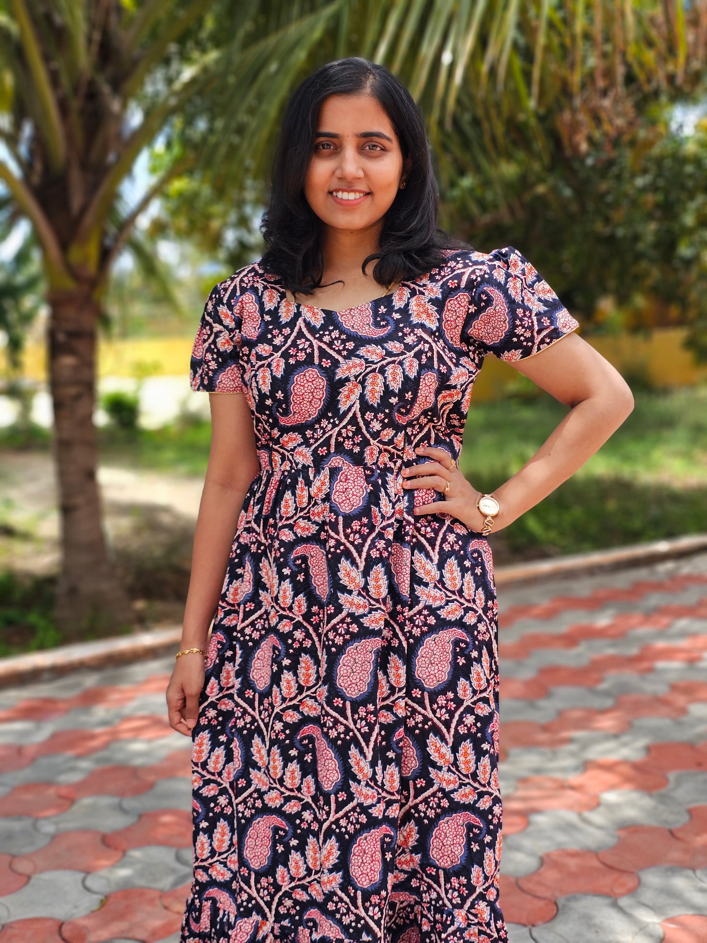Navy Blue Flowers Cotton Feeding Kurti with Zip with Top Lining