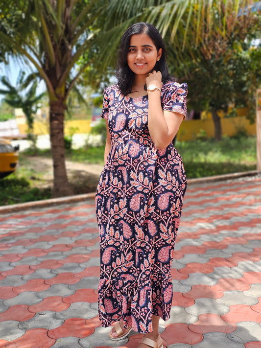 Navy Blue Flowers Cotton Feeding Kurti with Zip with Top Lining