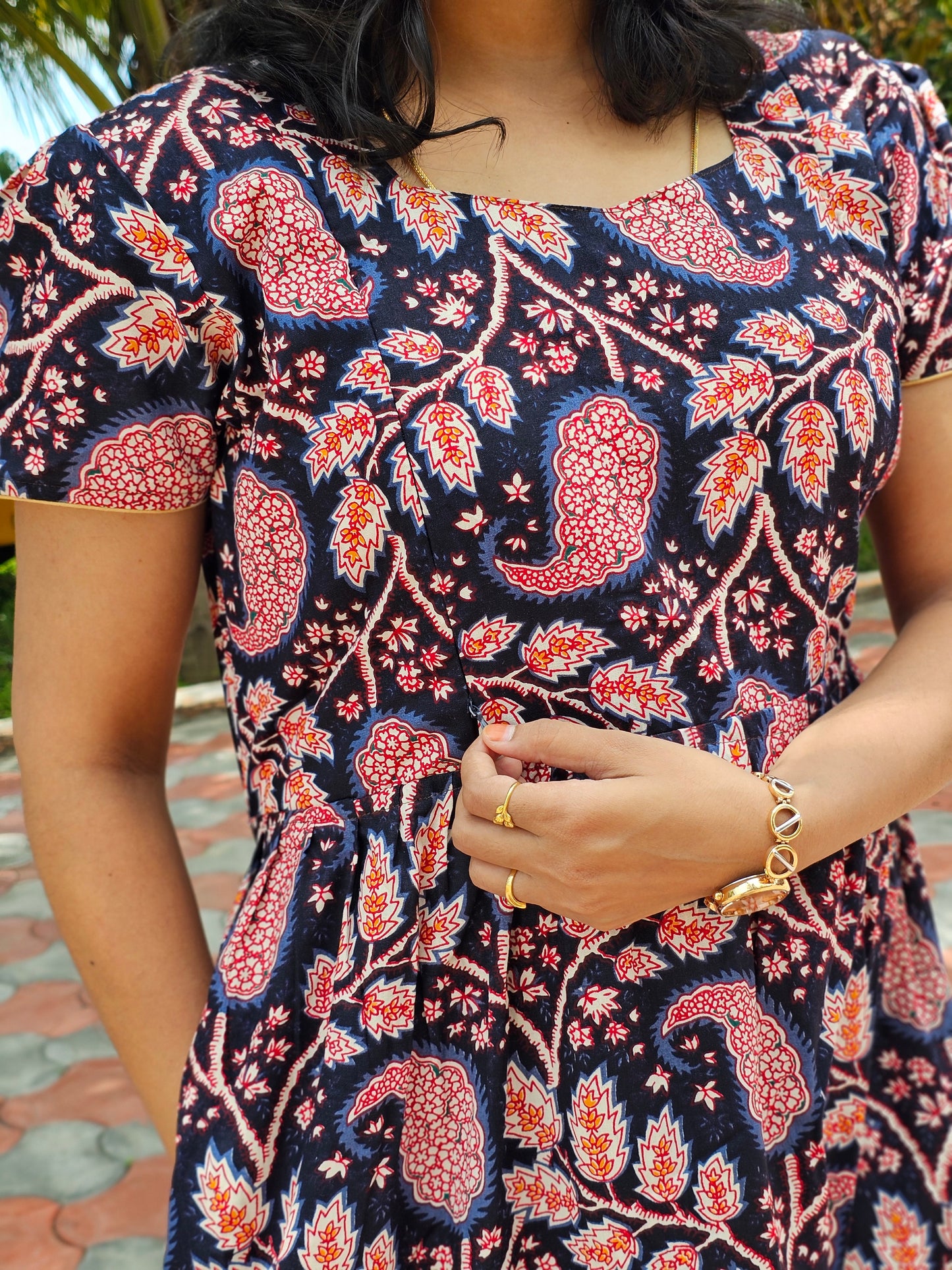 Navy Blue Flowers Cotton Feeding Kurti with Zip with Top Lining