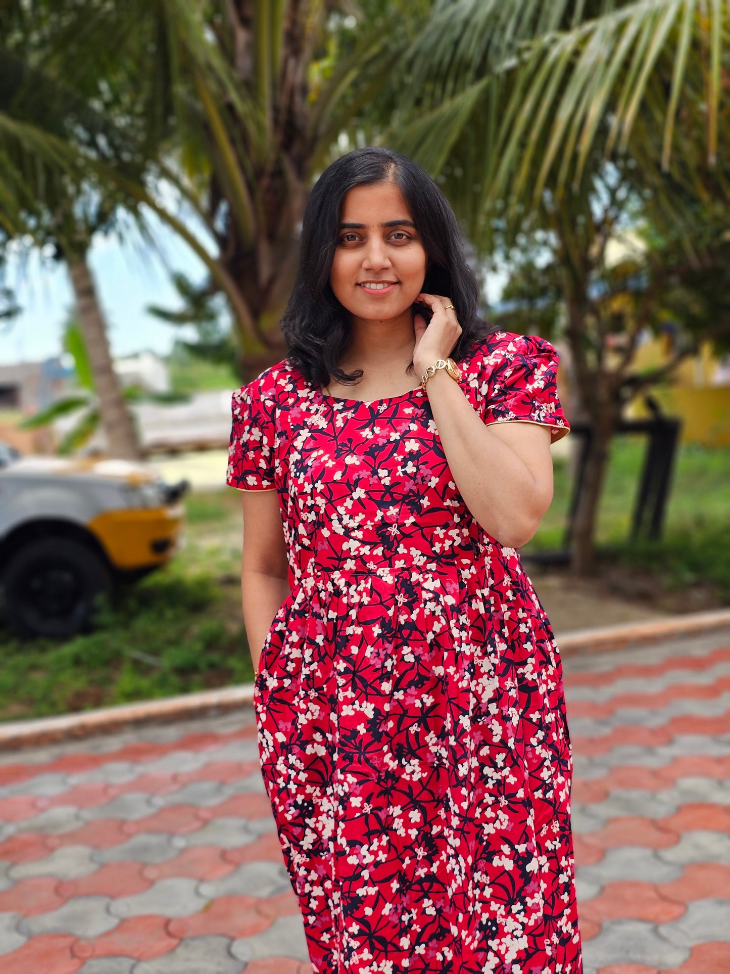 Red Black Flowers Cotton Feeding Kurti with Zip with Top Lining