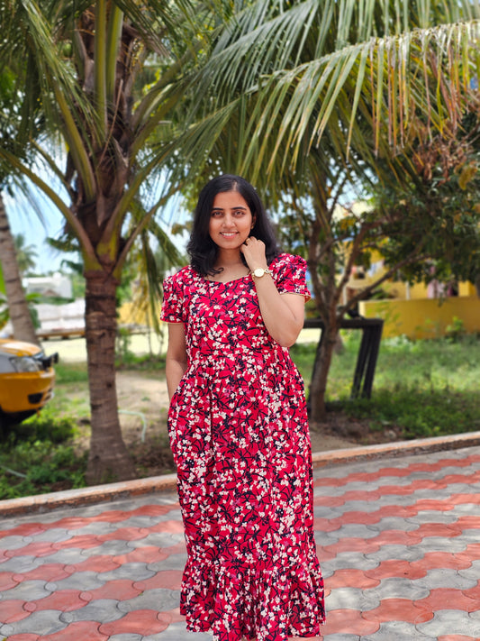 Red Black Flowers Cotton Feeding Kurti with Zip with Top Lining