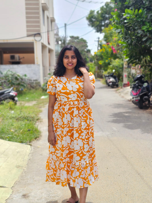 Orange White Flowers Feeding Kurti with Zip with Full Lining
