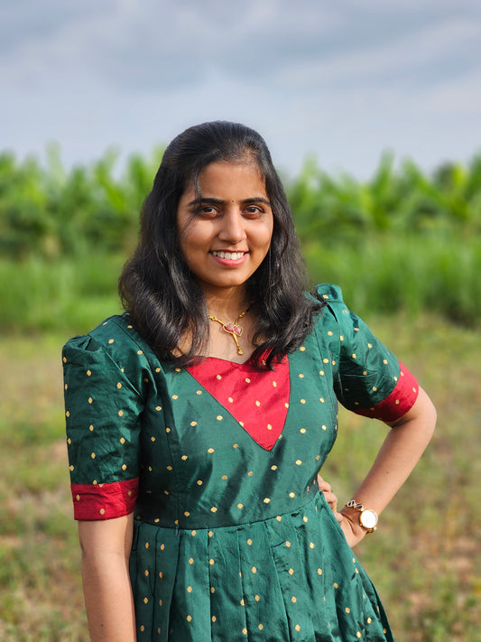 Green and Red - Ethnic Maternity Full-Length Maxi with Feeding Zip