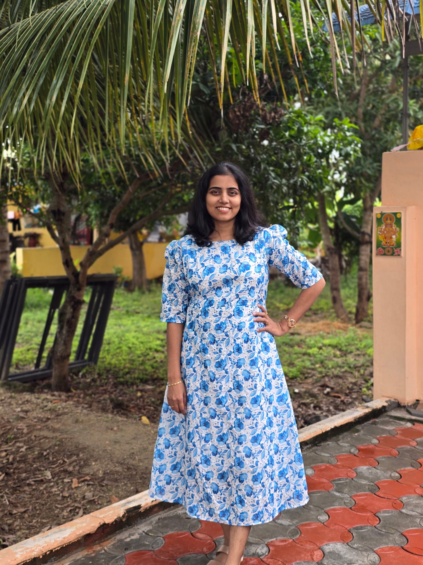 Blue Floral Cotton Hakoba Feeding Maxi with Zip and Full Lining