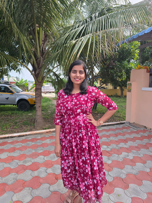 Maroon Floral Georgette Feeding Maxi with Zip and Full Lining