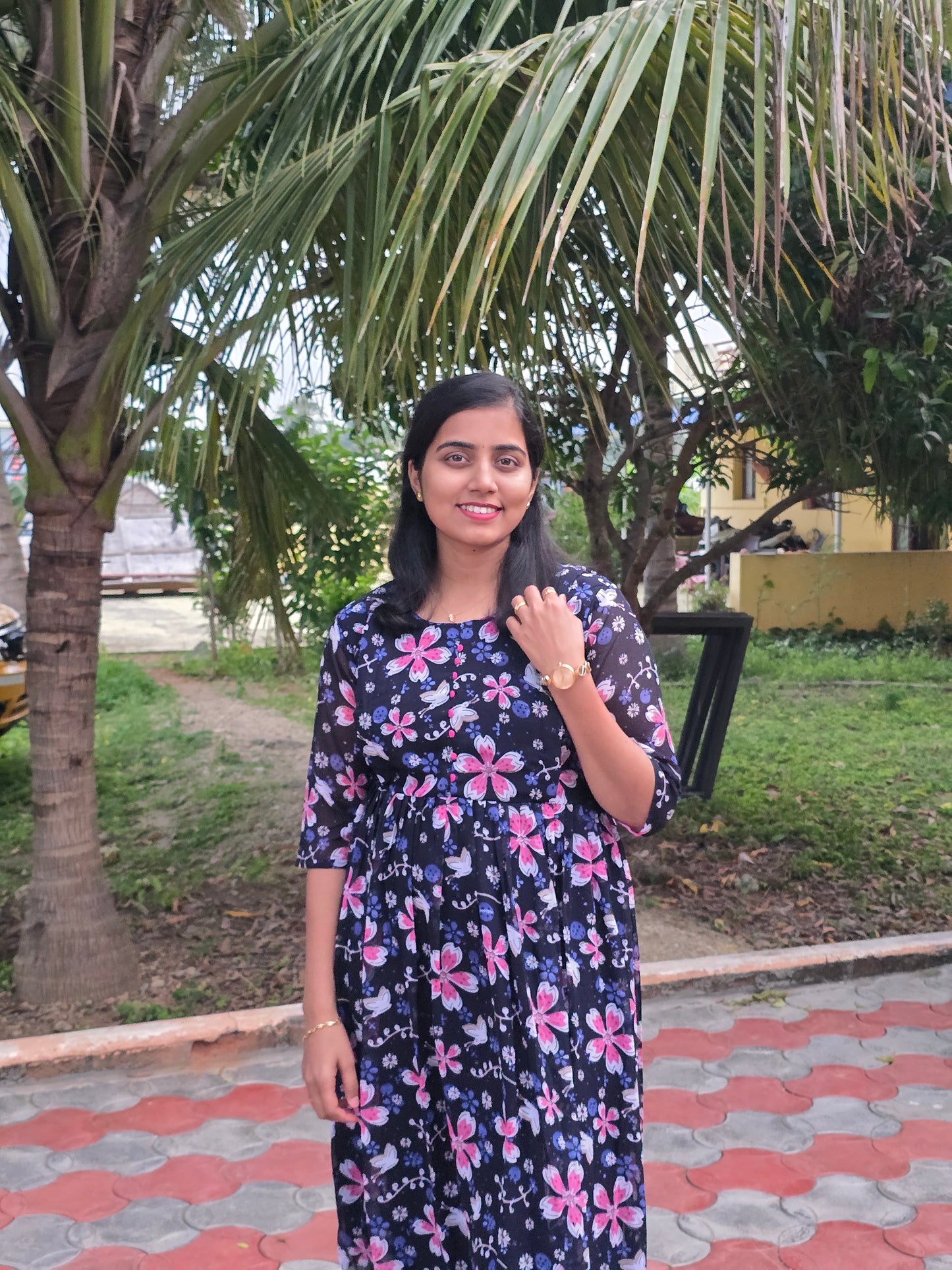 Navy Blue Floral Georgette Feeding Maxi with Zip and Full Lining