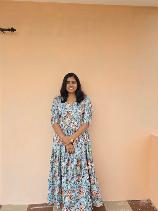 Sky Blue Florals Feeding Maxi with Zip and Full Lining