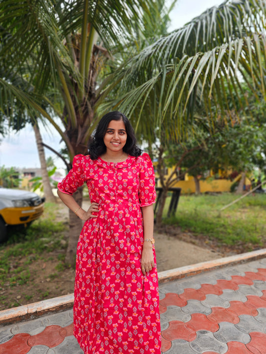 Bright Red Peter pan colar (Center zip) - Feeding Kurti with Zip