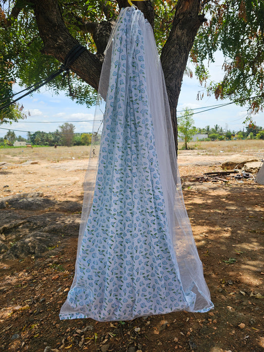 Pure Cotton Sleep Safe Thottil with Net - Green Blue Flowers and Leaves