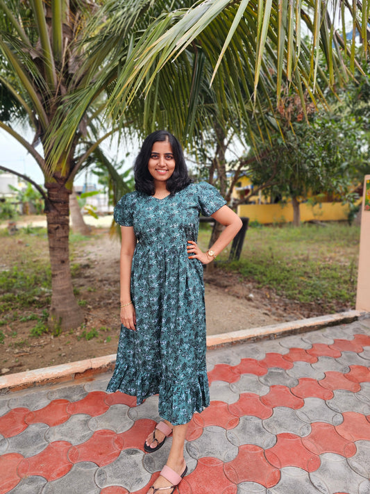Green Flowers Feeding Kurti with Zip Cotton