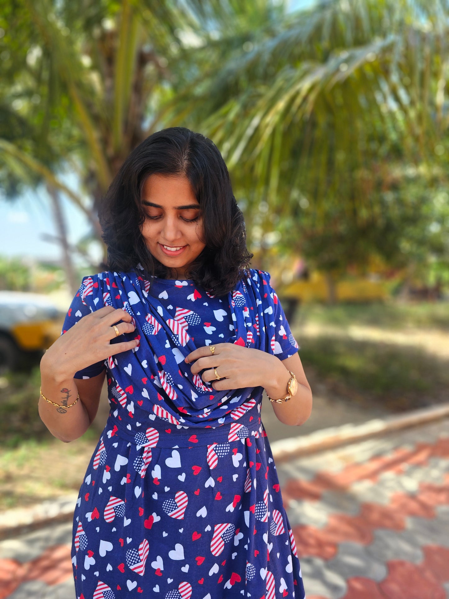 Blue and Red Heart  - Dupatta Style Feeding Lounge Wear without Zip