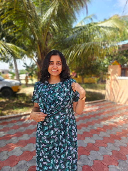 Green and White Leaves  - Dupatta Style Feeding Lounge Wear without Zip
