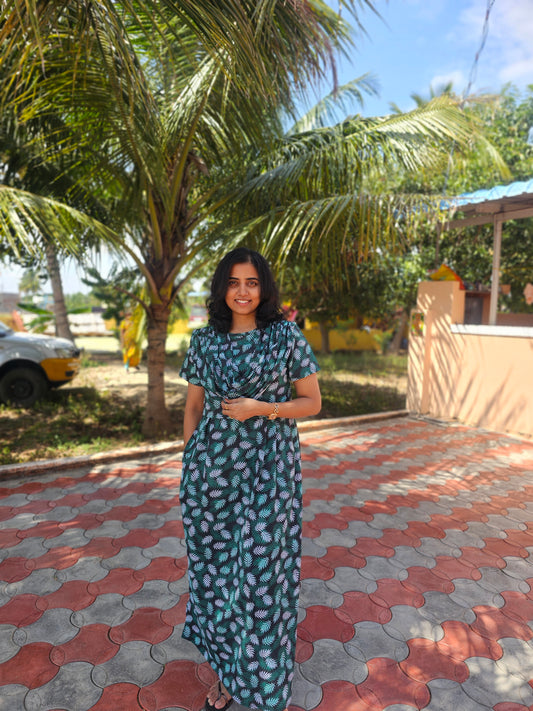 Green and White Leaves  - Dupatta Style Feeding Lounge Wear without Zip