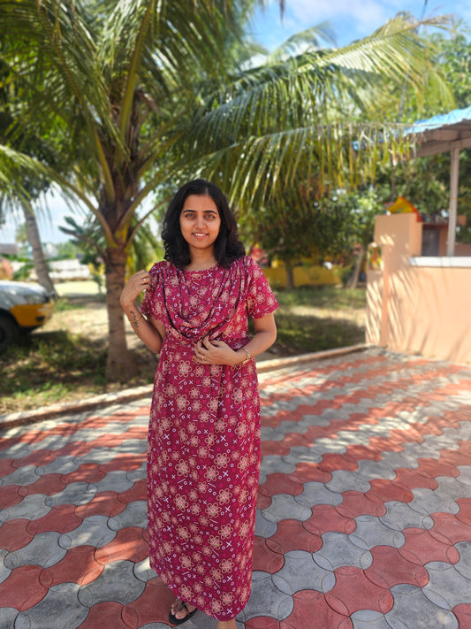 Red Flowers  - Dupatta Style Feeding Lounge Wear without Zip