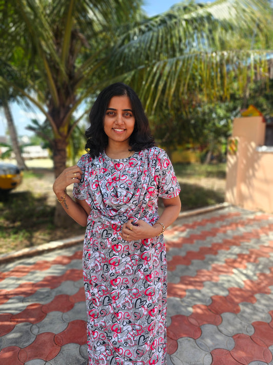 Grey and Red Heart - Dupatta Style Feeding Lounge Wear without Zip