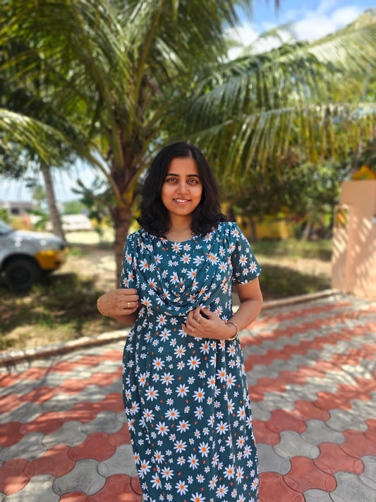 Green and White Flowers - Dupatta Style Feeding Lounge Wear without Zip