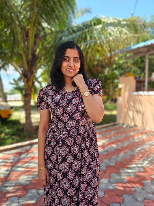 Red and Black Mandala Design Feeding Kurti with Zip Cotton