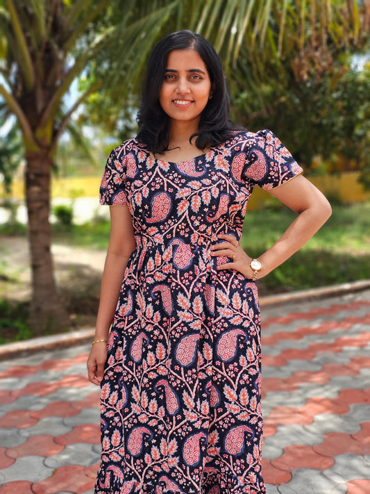 Navy Blue Flowers Cotton Feeding Kurti with Zip with Top Lining