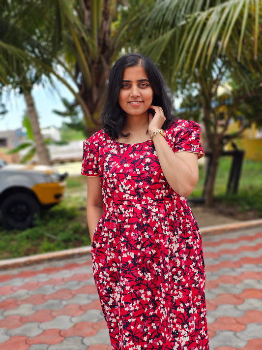 Red Black Flowers Cotton Feeding Kurti with Zip with Top Lining