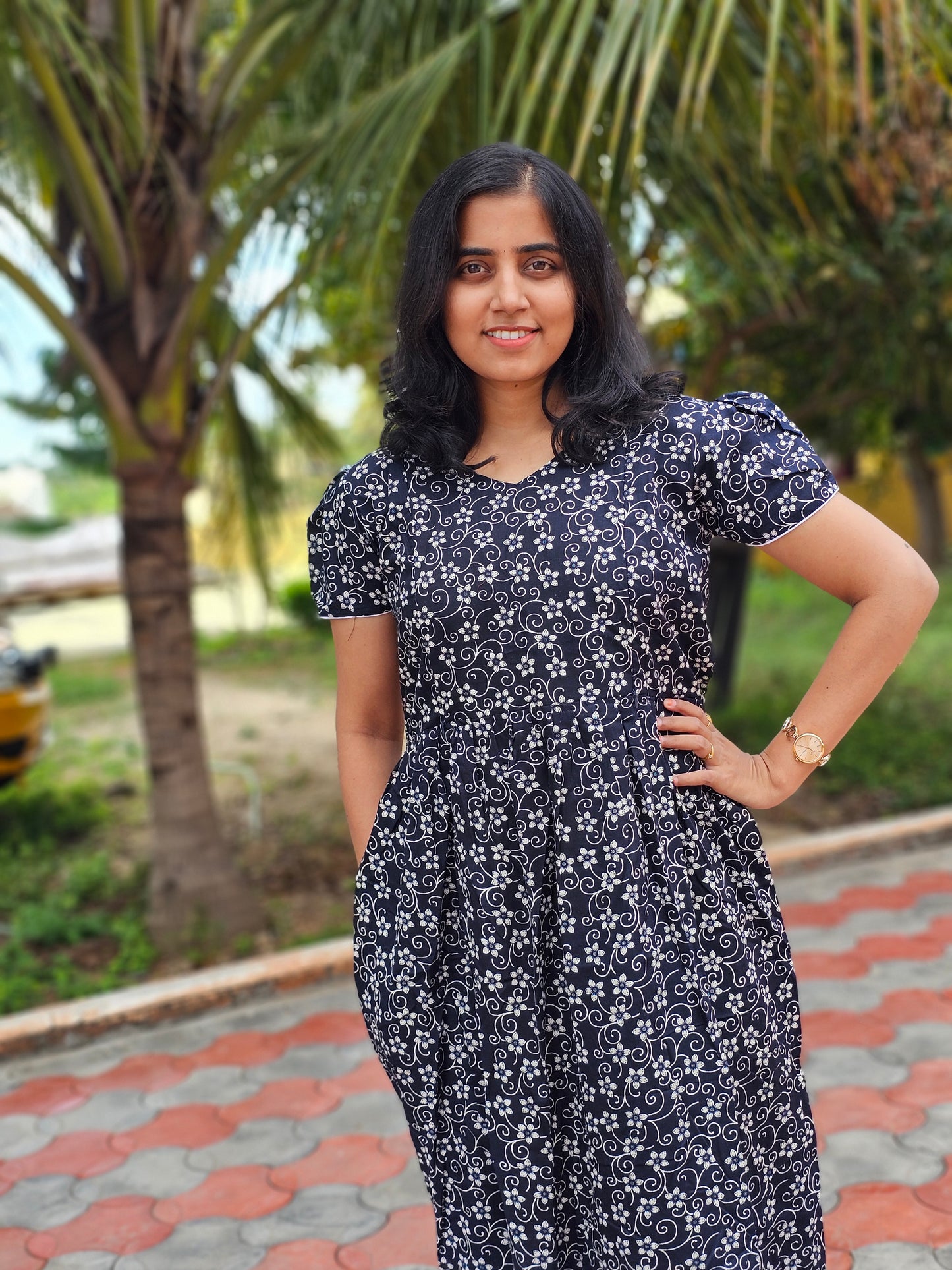 Black Floral Cotton Feeding Kurti with Zip with Top Lining