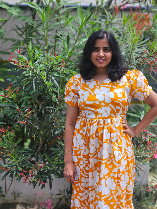 Orange White Flowers Feeding Kurti with Zip with Full Lining
