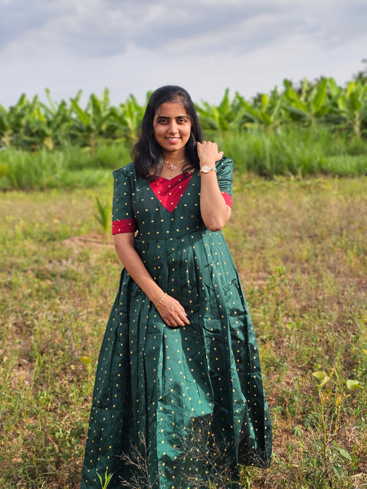 Green and Red - Ethnic Maternity Full-Length Maxi with Feeding Zip