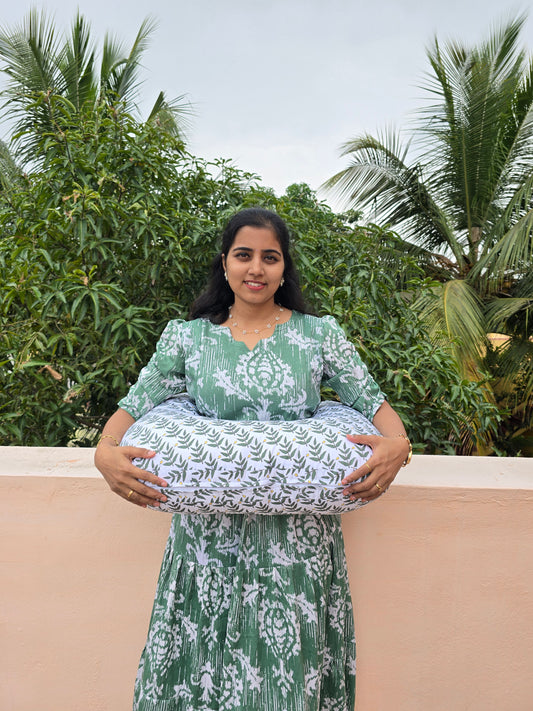 Feeding Pillow with belt- White and Green Leaves