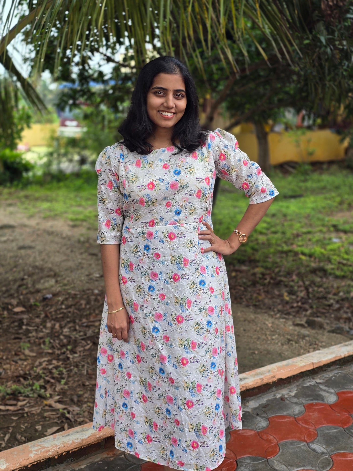 White Floral Cotton Hakoba Feeding Maxi with Zip and Full Lining